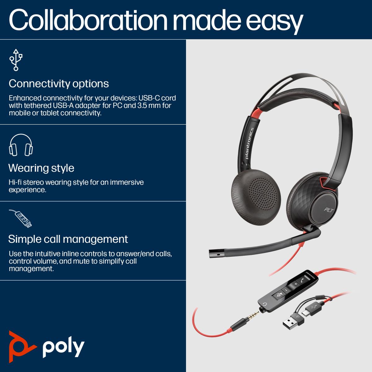 Headset Blackwire 5220 - Stereo - USB-C / USB-A / 3.5mm