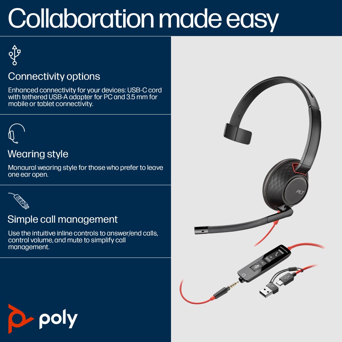 Headset Blackwire 5210 - Monaural  - USB-c / 3.5mm - Bulk