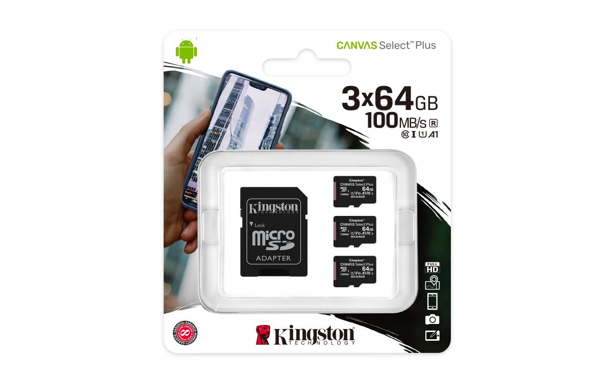 Micro Sdxc Card - Canvas Select Plus - 64GB - A1 C10 3 Pack With Adapter