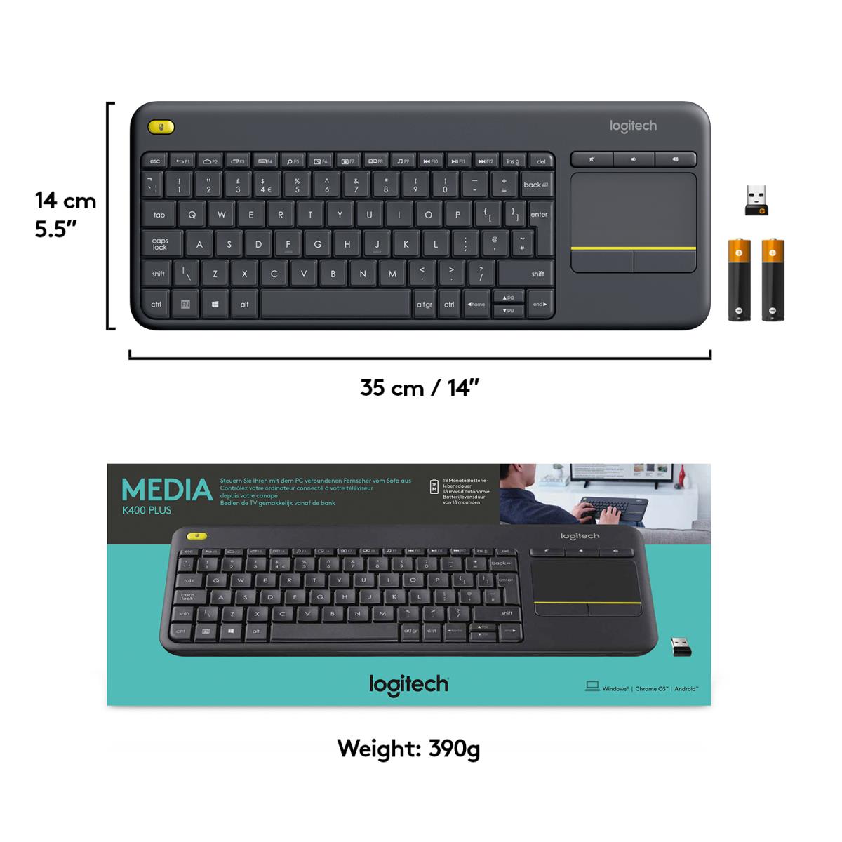 Wireless Touch Keyboard K400 Plus - Black - Qwertzu Swiss-Lux