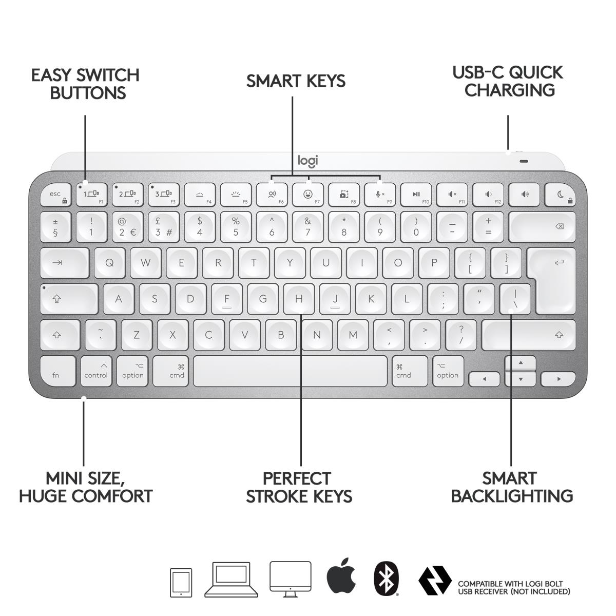 Mx Keys Mini For Mac Minimalist Wireless Illuminated Keyboard - Pale Grey - Qwerty US/Int'l