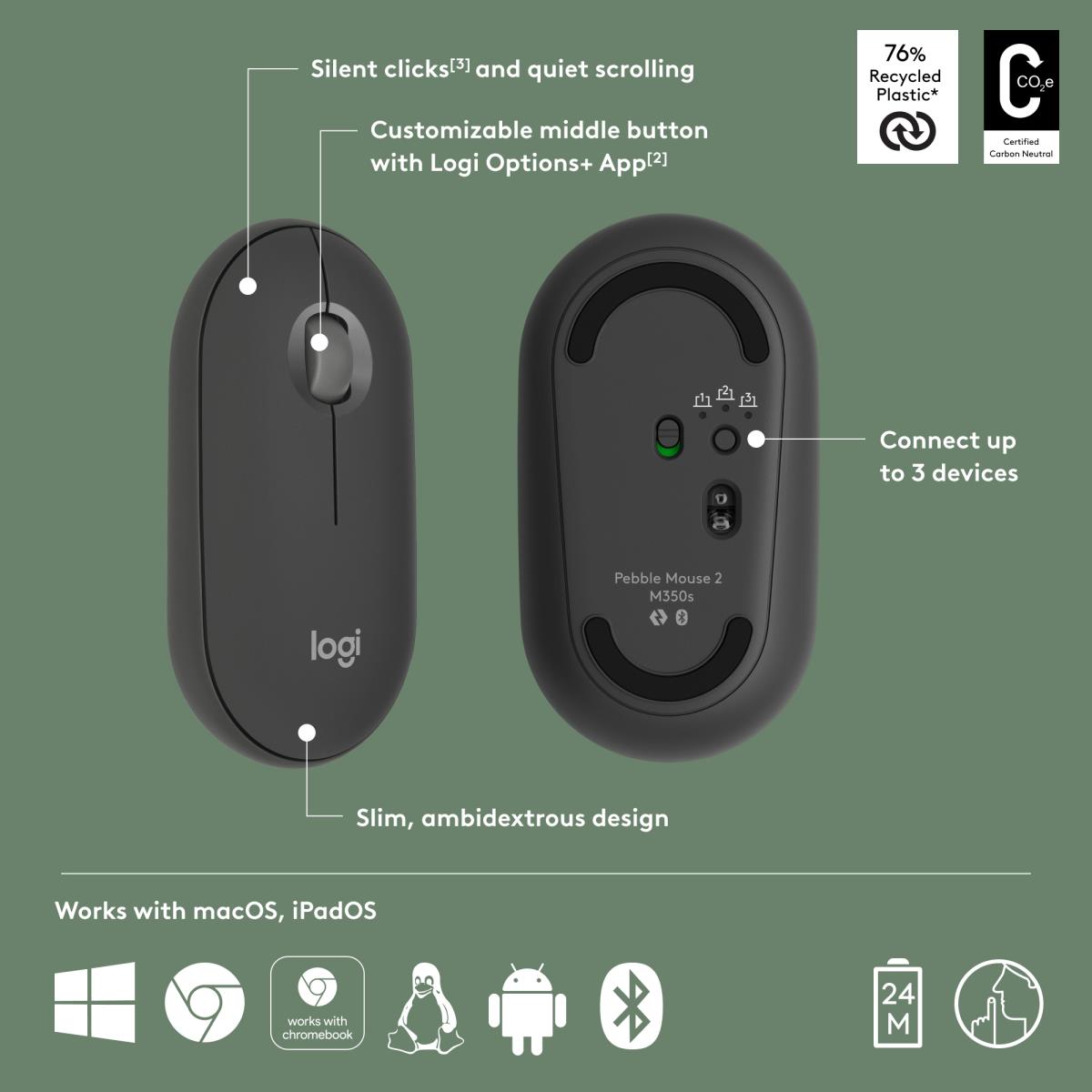 Pebble 2 M350s Wireless Optical Mouse Graphite