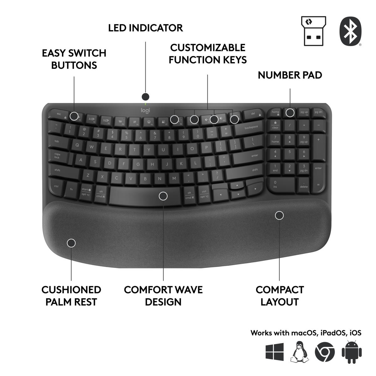 Wave Keys Ergonomic Keyboard Qwerty US/Int''''l - Graphite