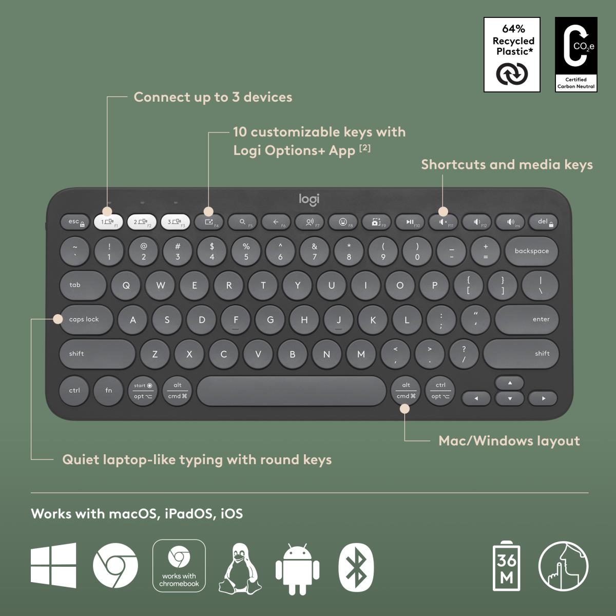 Pebble Keys 2 K380s - Compact Bluetooth Keyboard - Tonal Graphite - Qwerty US/Int'l