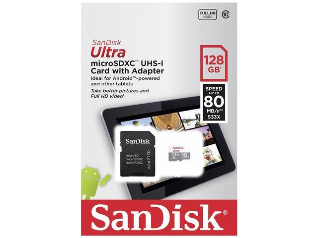 SanDisk Micro SDXC Ultra 128GB, Class 10, UHS-I, 80MB/Sec + Adapter - Tablet