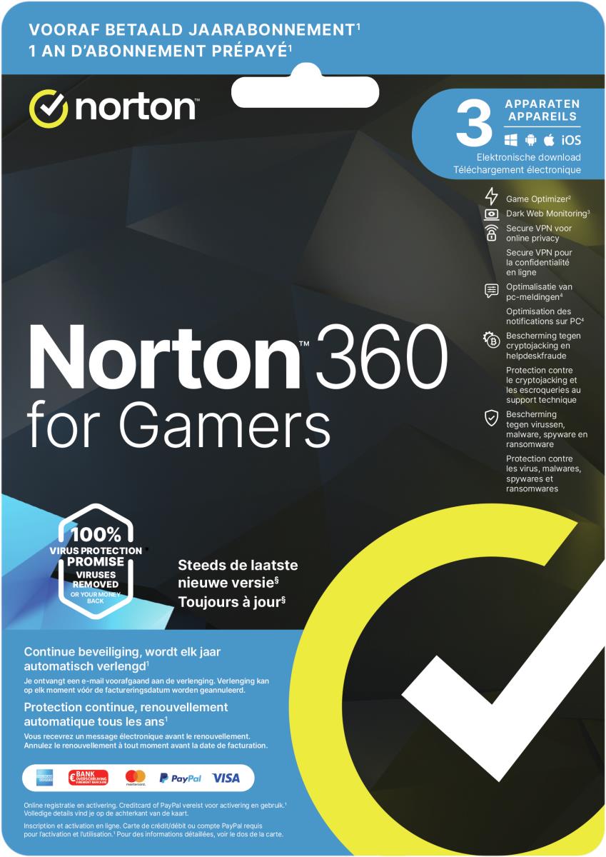 Norton 360 For Games - 50GB Cloud Storage Space - 1 User 3 Devices - 1 Year - Windows / Mac / Android / Ios - Benelux
