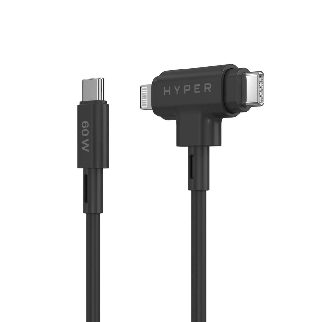 Hyperjuice Silicone USB-c To USB-c And Lightning Hybrid 60w Cable - Black