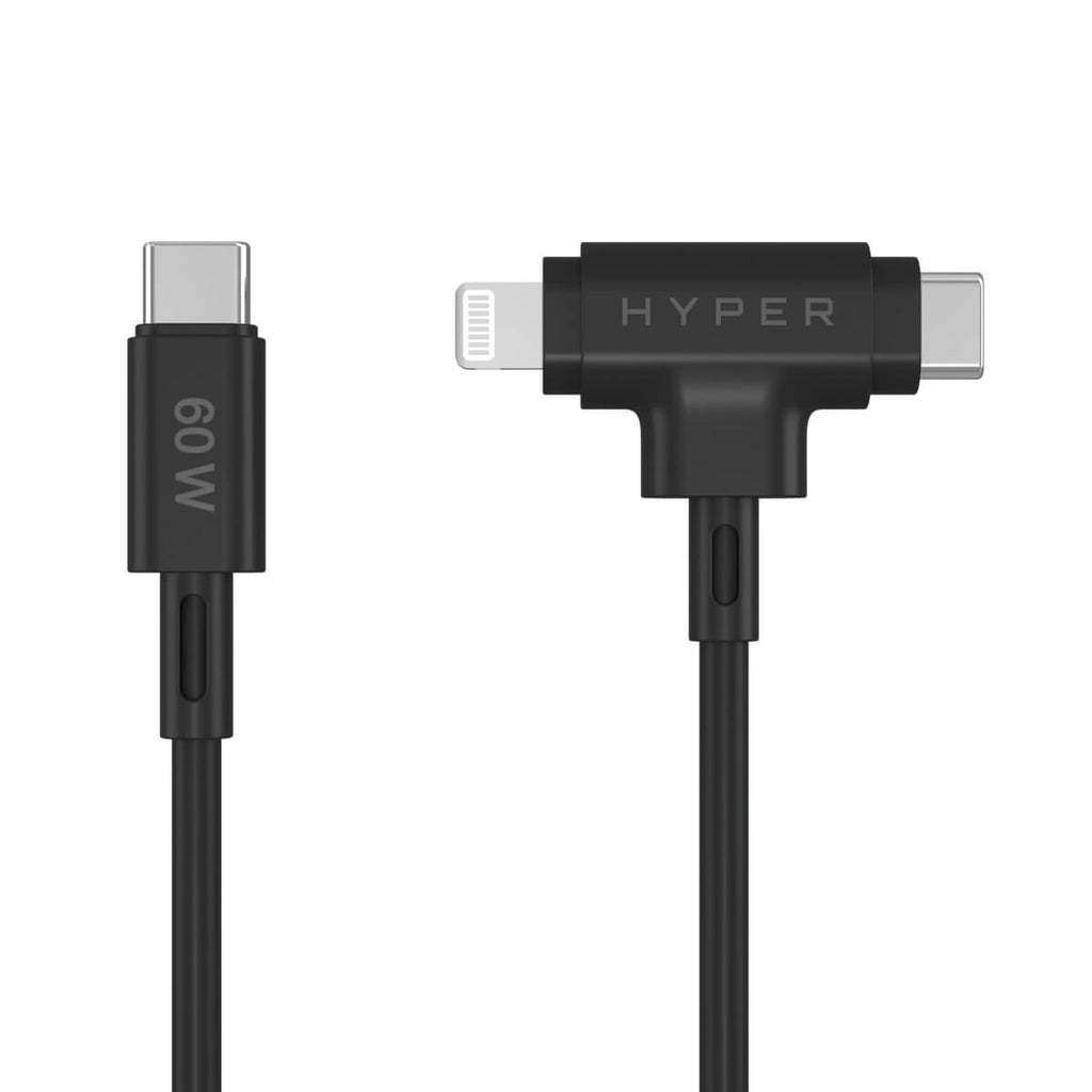 Hyperjuice Silicone USB-c To USB-c And Lightning Hybrid 60w Cable - Black