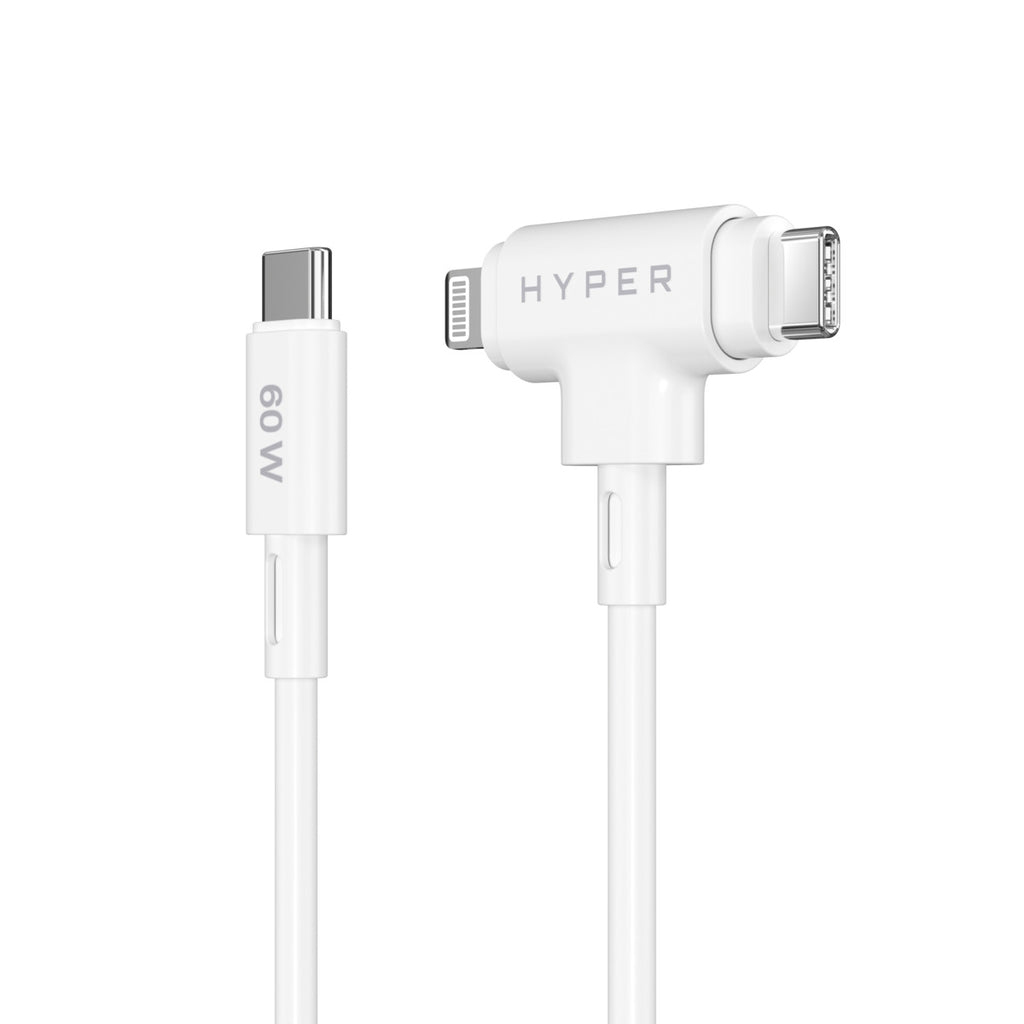 Hyperjuice Silicone USB-c To USB-c And Lightning Hybrid 60w Cable - White