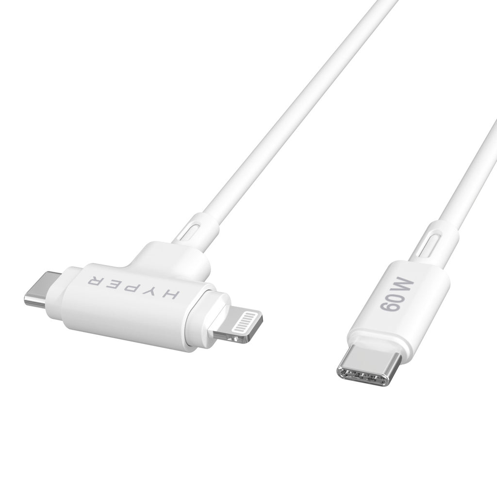 Hyperjuice Silicone USB-c To USB-c And Lightning Hybrid 60w Cable - White