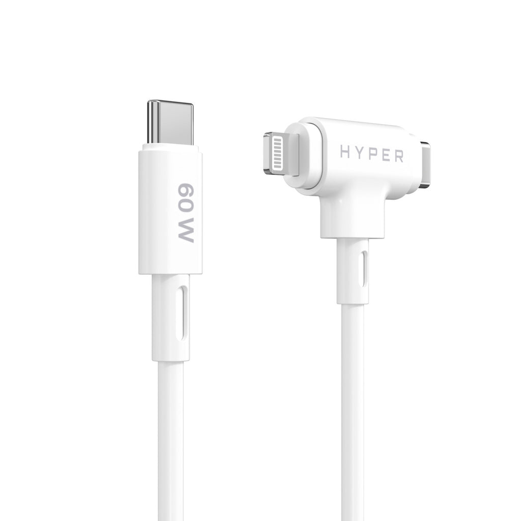 Hyperjuice Silicone USB-c To USB-c And Lightning Hybrid 60w Cable - White
