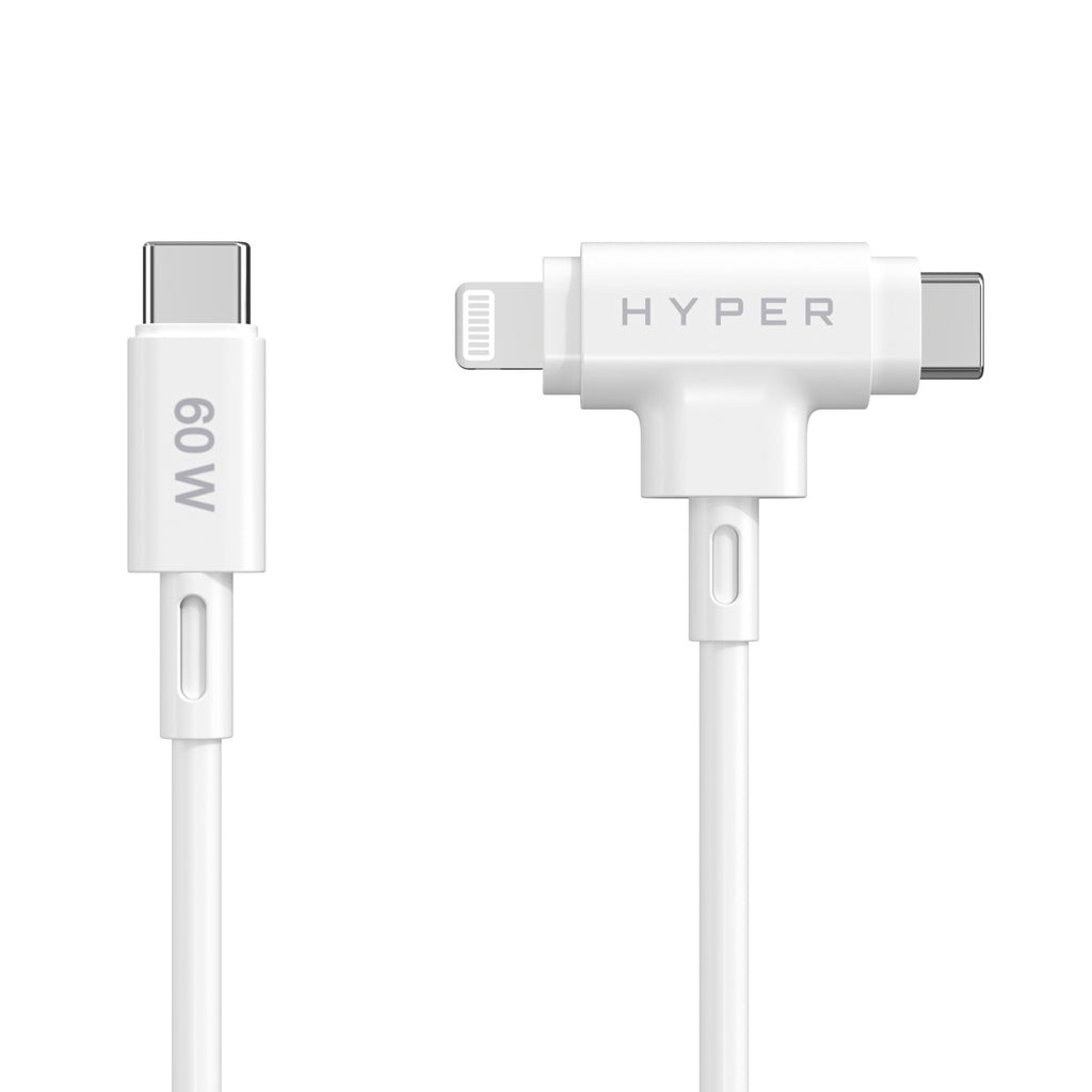 Hyperjuice Silicone USB-c To USB-c And Lightning Hybrid 60w Cable - White
