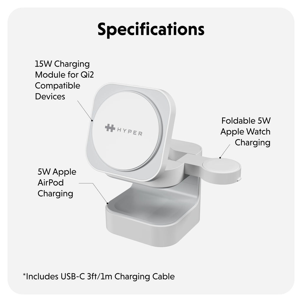 Hyper Hyperjuice Qi2 3-in-1 Magnetic Charging Stand - White