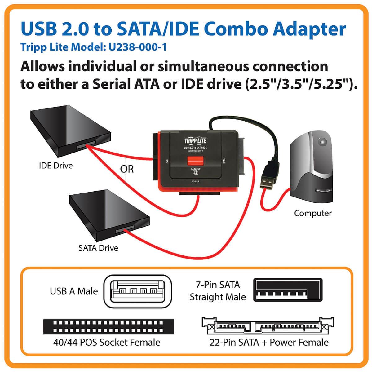 TRIPP LITE USB 2.0 Hi-Speed to Serial atA (SATA) and IDE Adapter for 2.5in or 3.5in Hard Drives