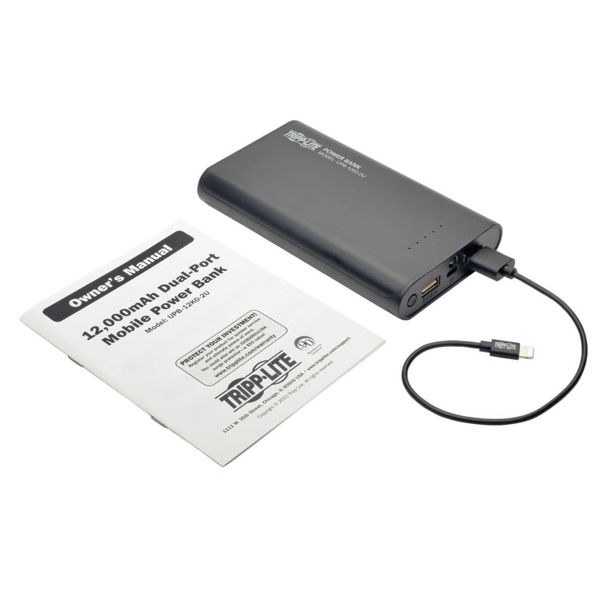 TRIPP LITE Portable 12,000mAh Dual-Port Mobile Power Bank USB Battery Charger with LED Flashlight