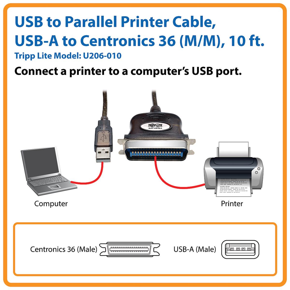TRIPP LITE USB to Parallel Printer Cable (USB-A to Centronics 36 M/M) 10-ft 3m