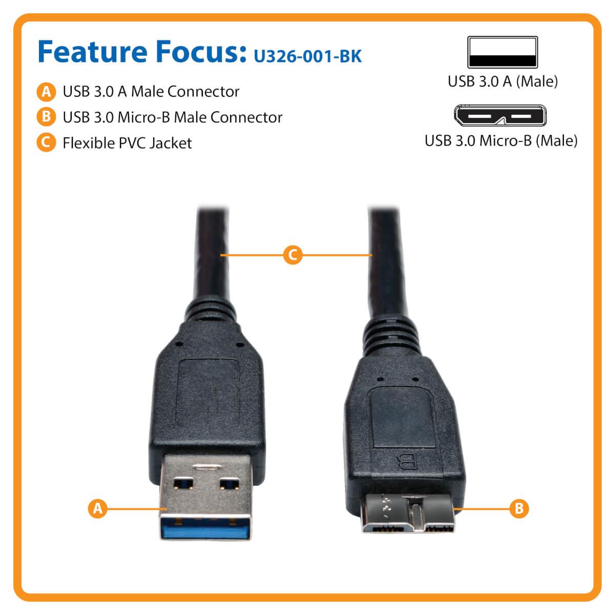 TRIPP LITE USB 3.0 SuperSpeed Device Cable (A to Micro-B M/M) Black 1-ft 30cm