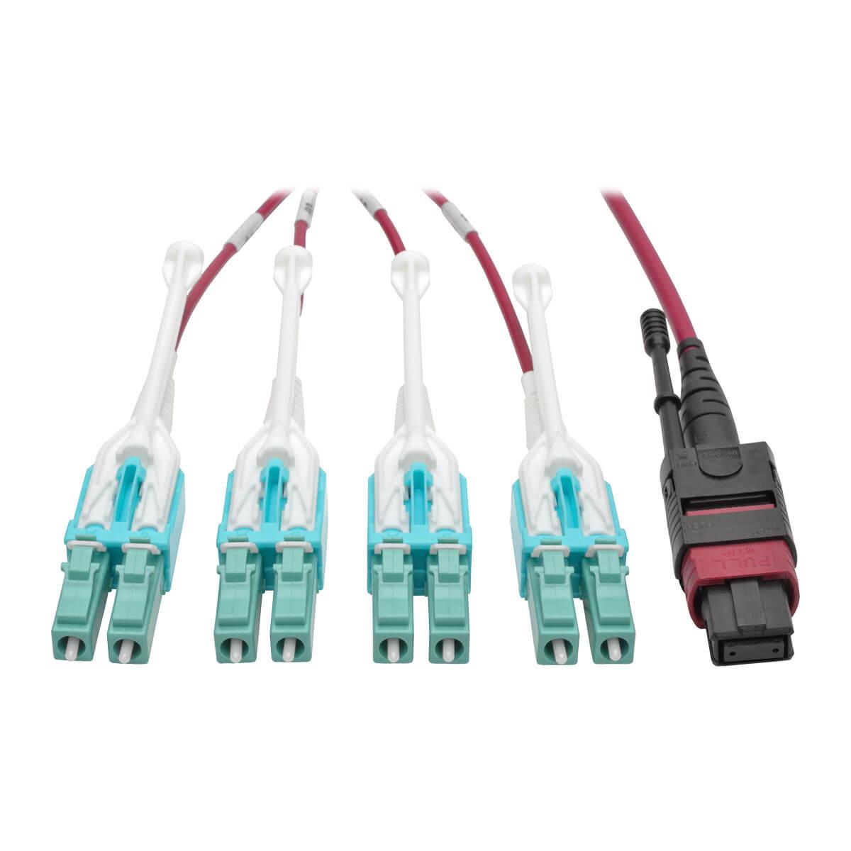 TRIPP LITE MTP/MPO to 8xLC Fan-Out Patch Cable, 40 GbE, 40GBASE-SR4 OM4 Plenum-Rated, Push/Pull Tab Magenta, 2m