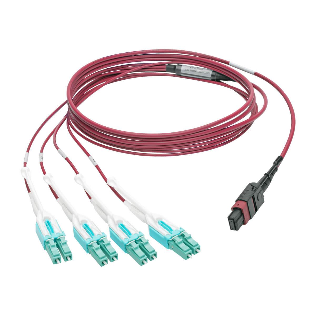 TRIPP LITE MTP/MPO to 8xLC Fan-Out Patch Cable, 40 GbE, 40GBASE-SR4 OM4 Plenum-Rated, Push/Pull Tab Magenta, 2m