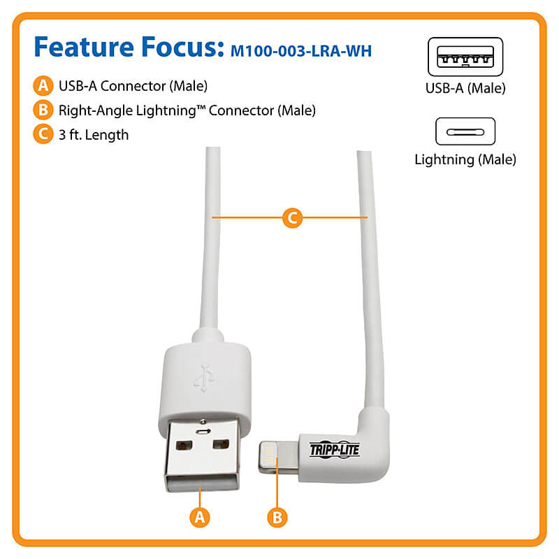 TRIPP LITE Right-Angle Lightning Cable, USB Type-A to Lightning, 3 ft. Cord, Reversible Lightning Plug 3 ft. (0.9 m)
