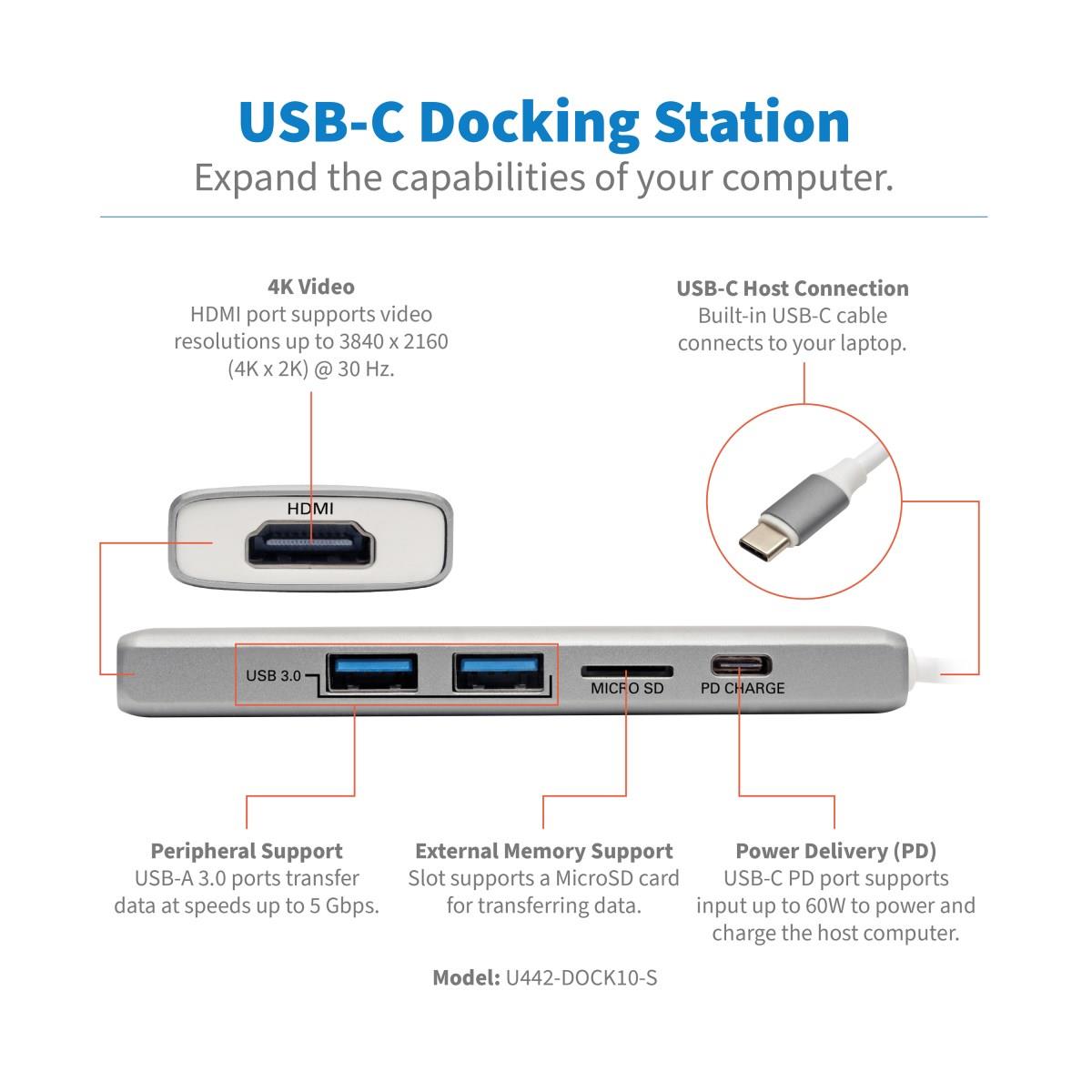 TRIPP LITE Docking Station USB-C - HDMI / Thunderbolt 3 / PD Charging / Micro SD - 60w Power delivery