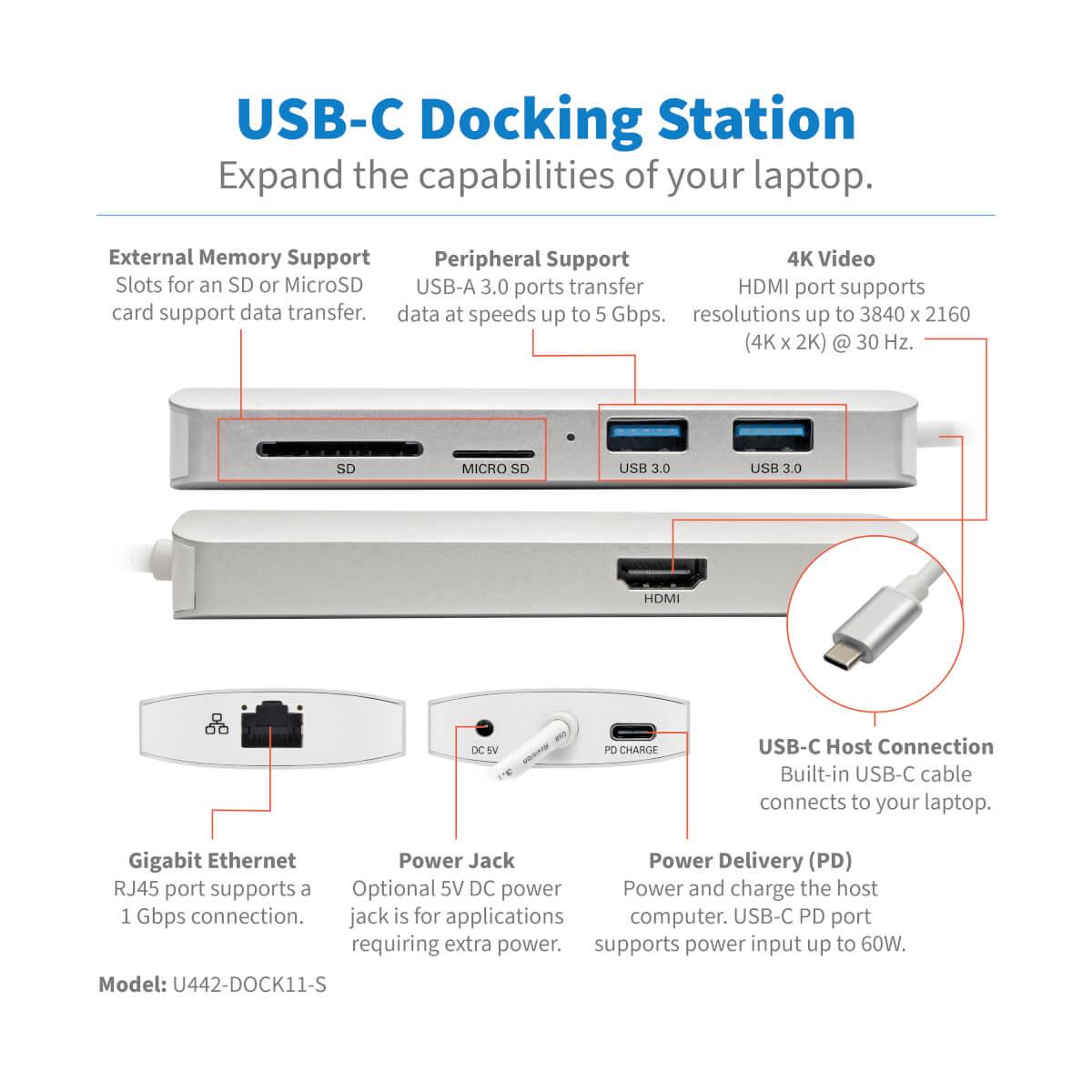 TRIPP LITE Docking Station USB-C - HDMI / Thunderbolt 3 / USB-A Hub / PD Charging / SD Micro SD / GbE - 60w Power delivery
