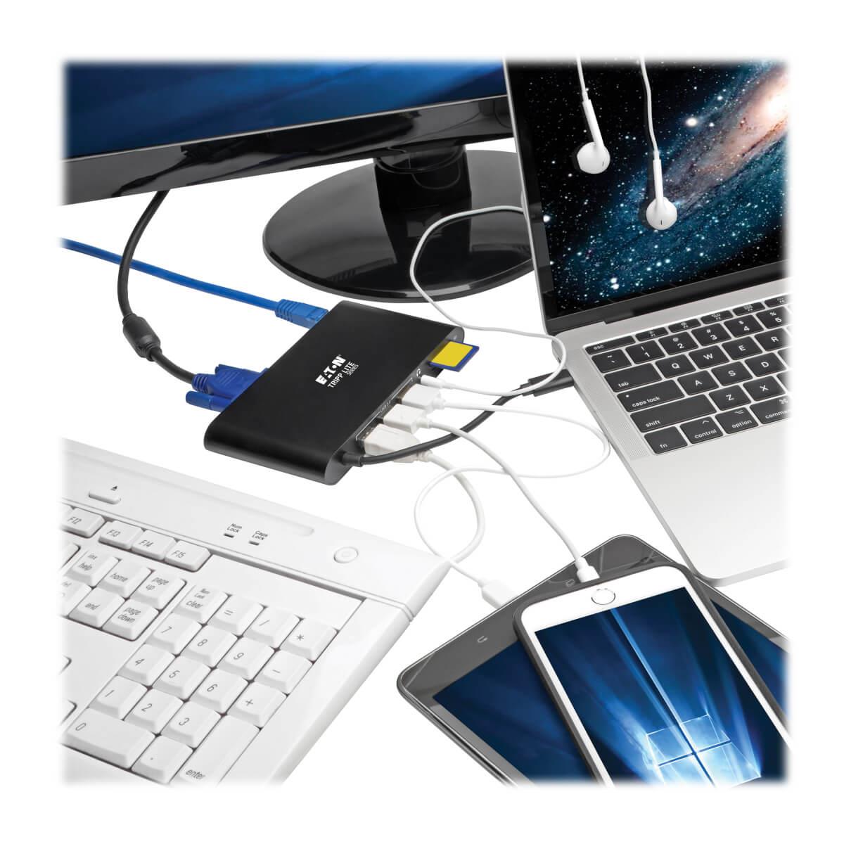 TRIPP LITE Docking Station USB-C - 3 x USB3.0 / 3.5mm Stereo / RJ45 LAN / HDMI / MINI DP / VGA / MICRO SD SD / USB-C CHARGING - 60w Power delivery