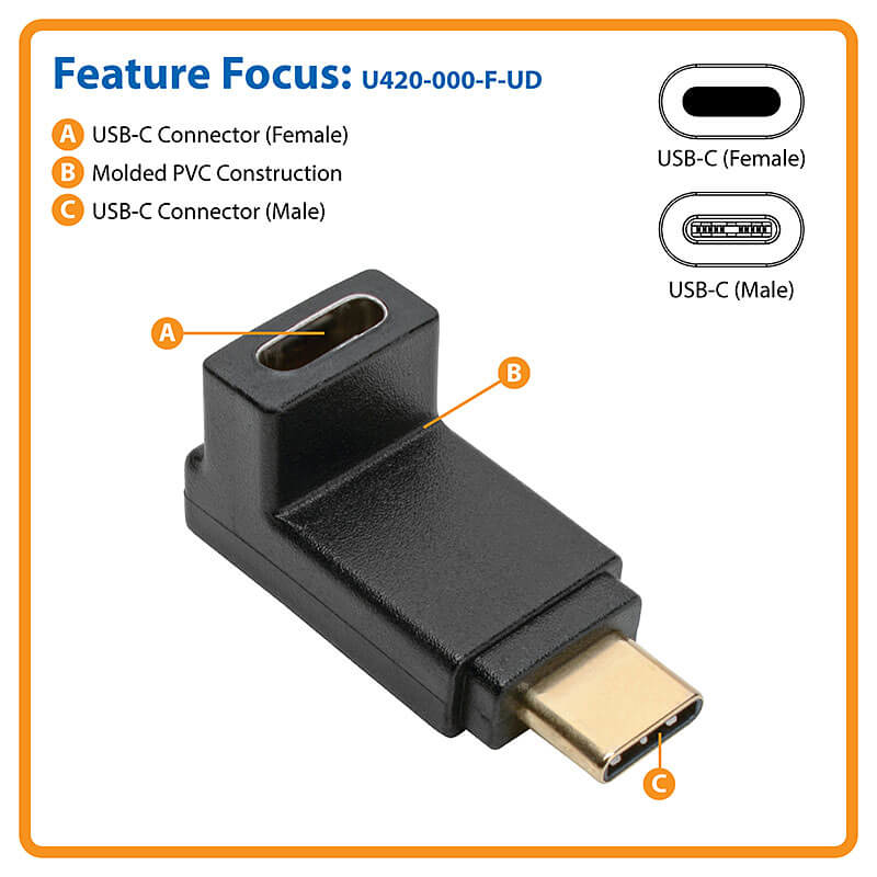 TRIPP LITE USB-C to C Adapter (M/F) - Right Angle, 3.1, Gen 2, 10 Gbps, Thunderbolt 3 Compatible, 3A Rating
