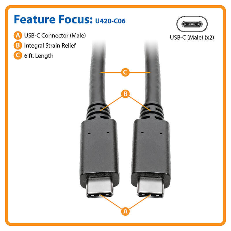 TRIPP LITE USB Type-C to Type-C Cable, M/M, 3.1, Gen 1, 5 Gbps, 1.8m - Thunderbolt 3, USB-IF Certified, 3A