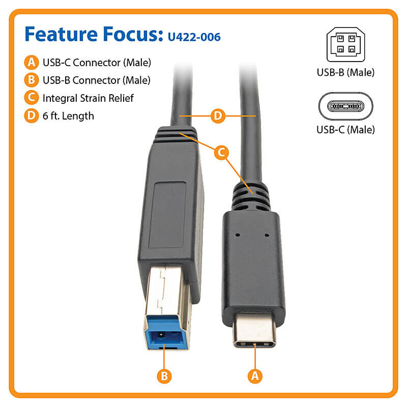TRIPP LITE USB Type-C to USB Type-B Cable - 5 Gbps, USB-C 3.1 to USB-B, M/M, Thunderbolt 3 - 1.8m