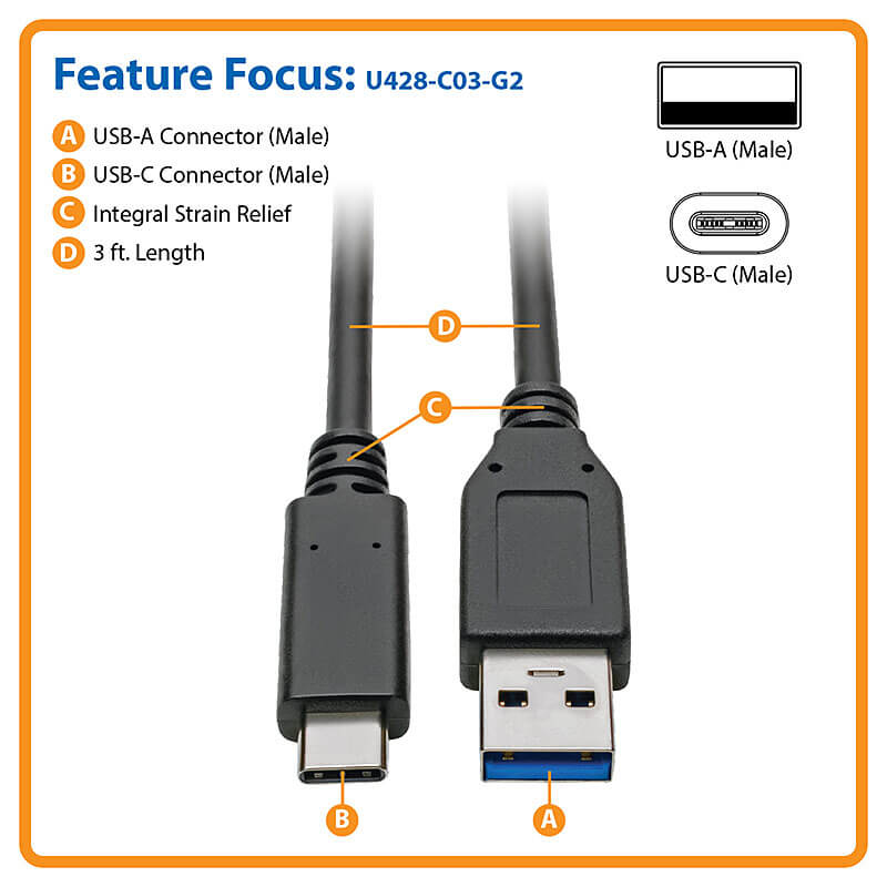 TRIPP LITE USB Type-C to USB Type-A Cable, 3.1, 10 Gbps, Gen 2, M/M, USB-IF Certified, Thunderbolt 3 - 91cm