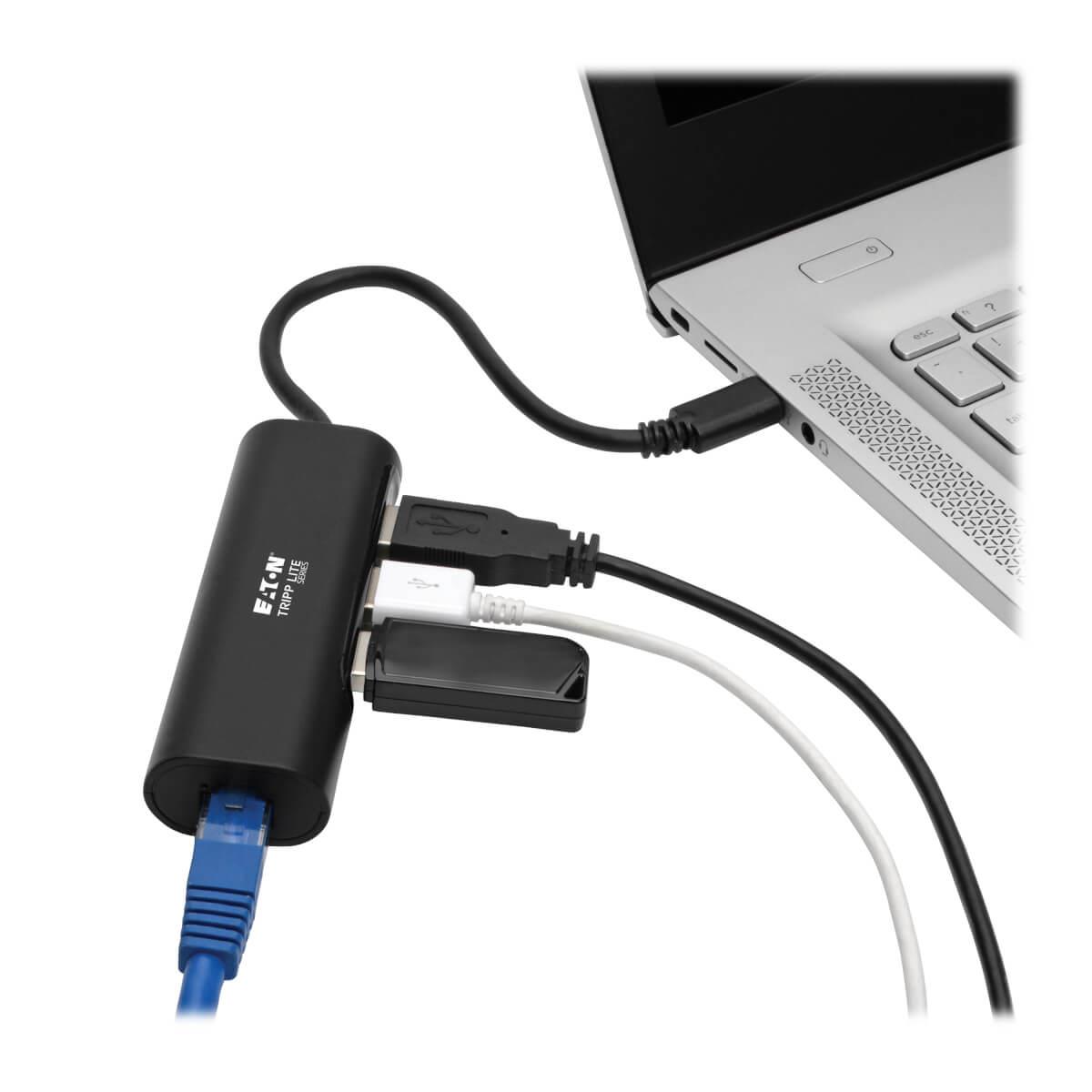 TRIPP LITE USB 3.1 Gen 1 USB-C Portable Hub/Adapter, 3 USB-A Ports and Gigabit Ethernet Port, Thunderbolt 3 Compatible, Black