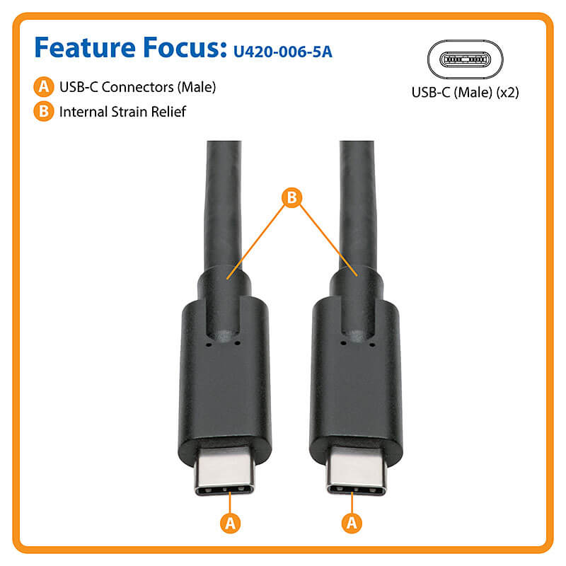 TRIPP LITE USB-C to USB-C Cable (M/M) - 3.1, 5 Gbps, 5A Rating, Thunderbolt 3 Compatible, 1.8m 6ft