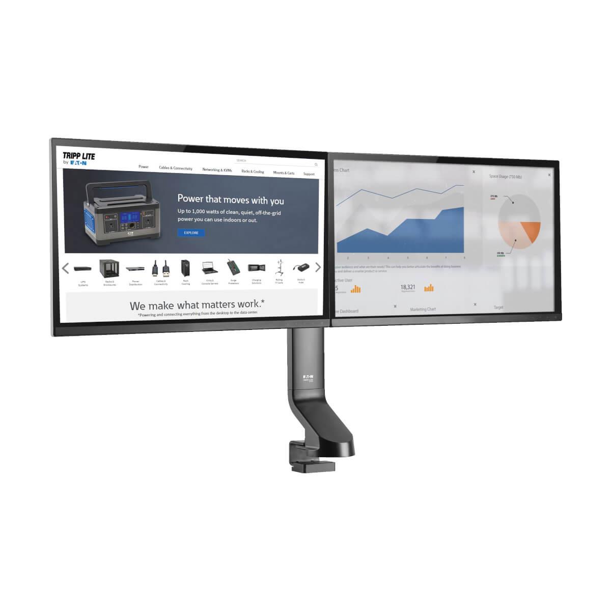 TRIPP LITE Dual-Display Monitor Arm with Desk Clamp and Grommet - Height Adjustable, 17in to 27in Monitors