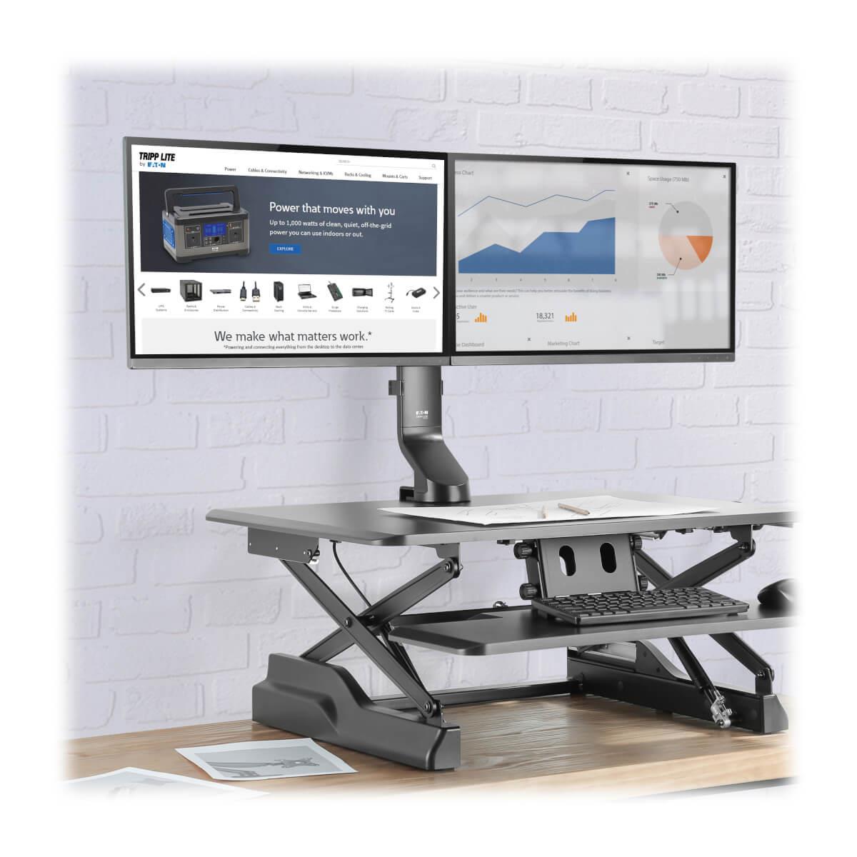 TRIPP LITE Dual-Display Monitor Arm with Desk Clamp and Grommet - Height Adjustable, 17in to 27in Monitors