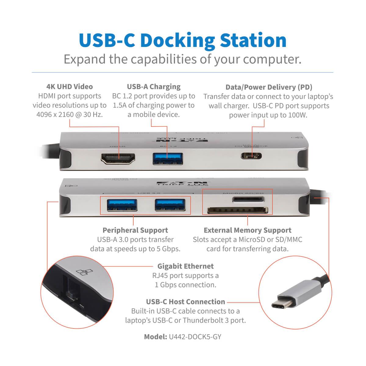 TRIPP LITE Docking Station USB-C - HDMI / 3x USB-A / Gbe / SD Card Reader - 100w Power delivery