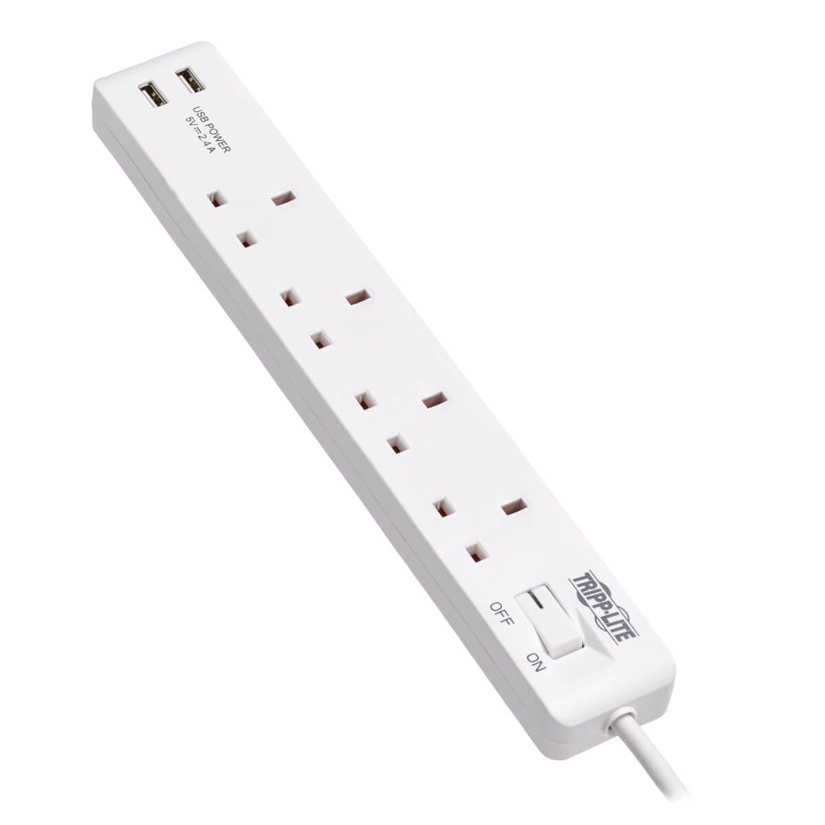 TRIPP LITE 4-Outlet Power Strip with USB-A Charging - BS1363A Outlets, 220-250V, 13A, 1.8 m Cord, BS1363A Plug, White