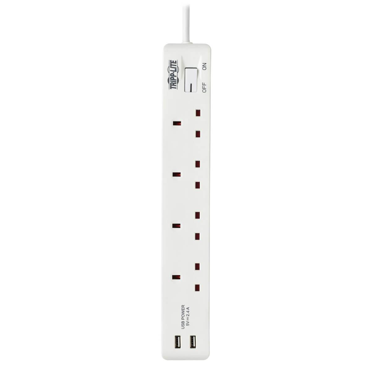 TRIPP LITE 4-Outlet Power Strip with USB-A Charging - BS1363A Outlets, 220-250V, 13A, 1.8 m Cord, BS1363A Plug, White