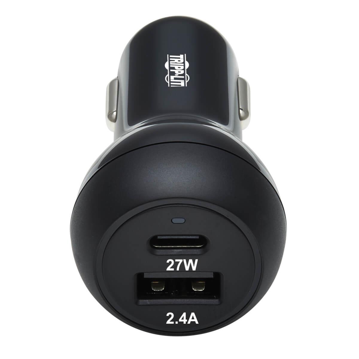 TRIPP LITE Dual-Port USB Car Charger with 39W Charging - USB-C (27W) PD 3.0, USB-A (12W), Black