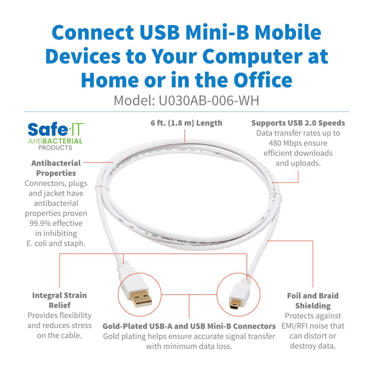 TRIPP LITE USB-A to USB Mini-B Antibacterial Cable (M/M), USB 2.0, White, 1.8m