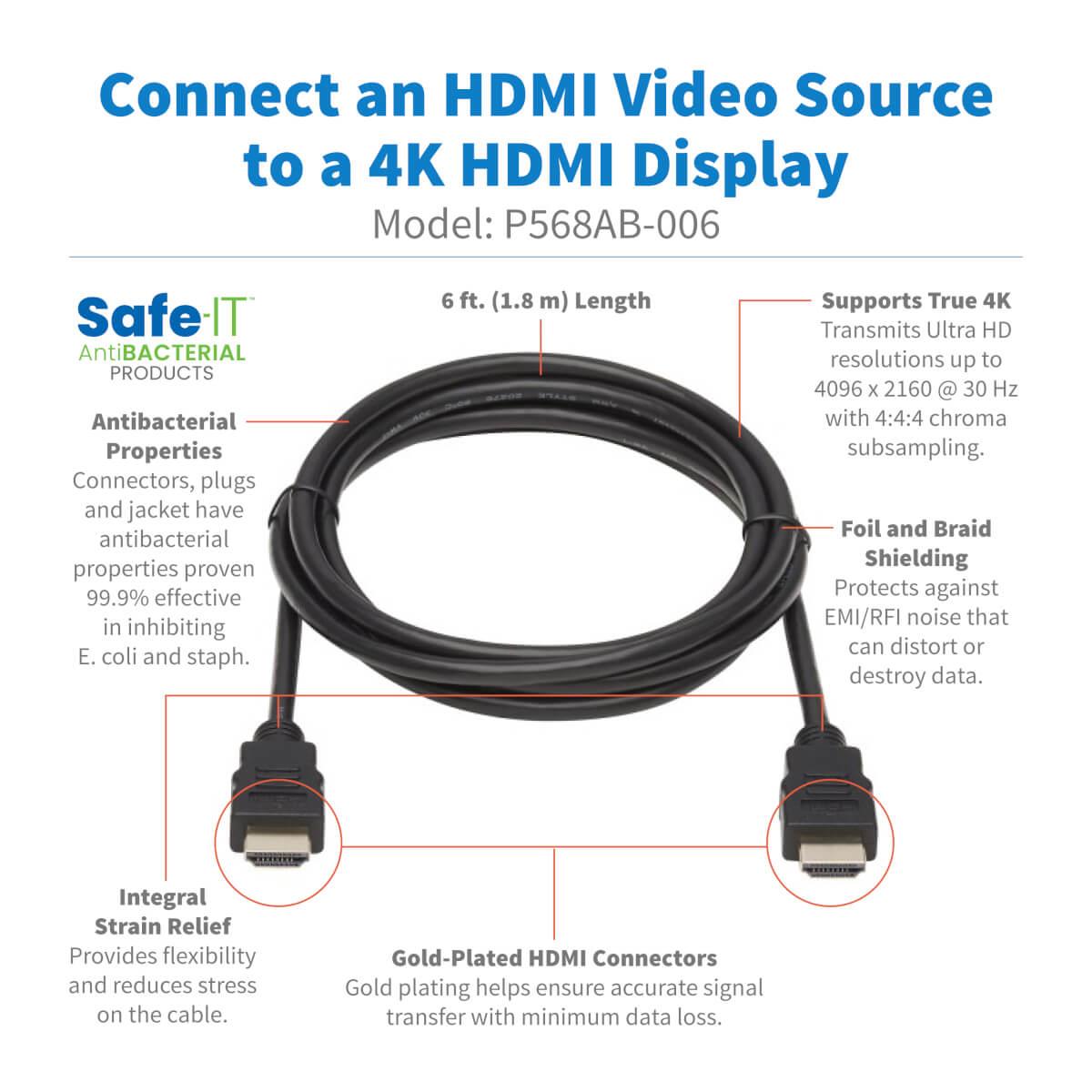 TRIPP LITE Safe-IT High-Speed HDMI Antibacterial Cable (M/M), UHD 4K, 4:4:4, Black 1.8m