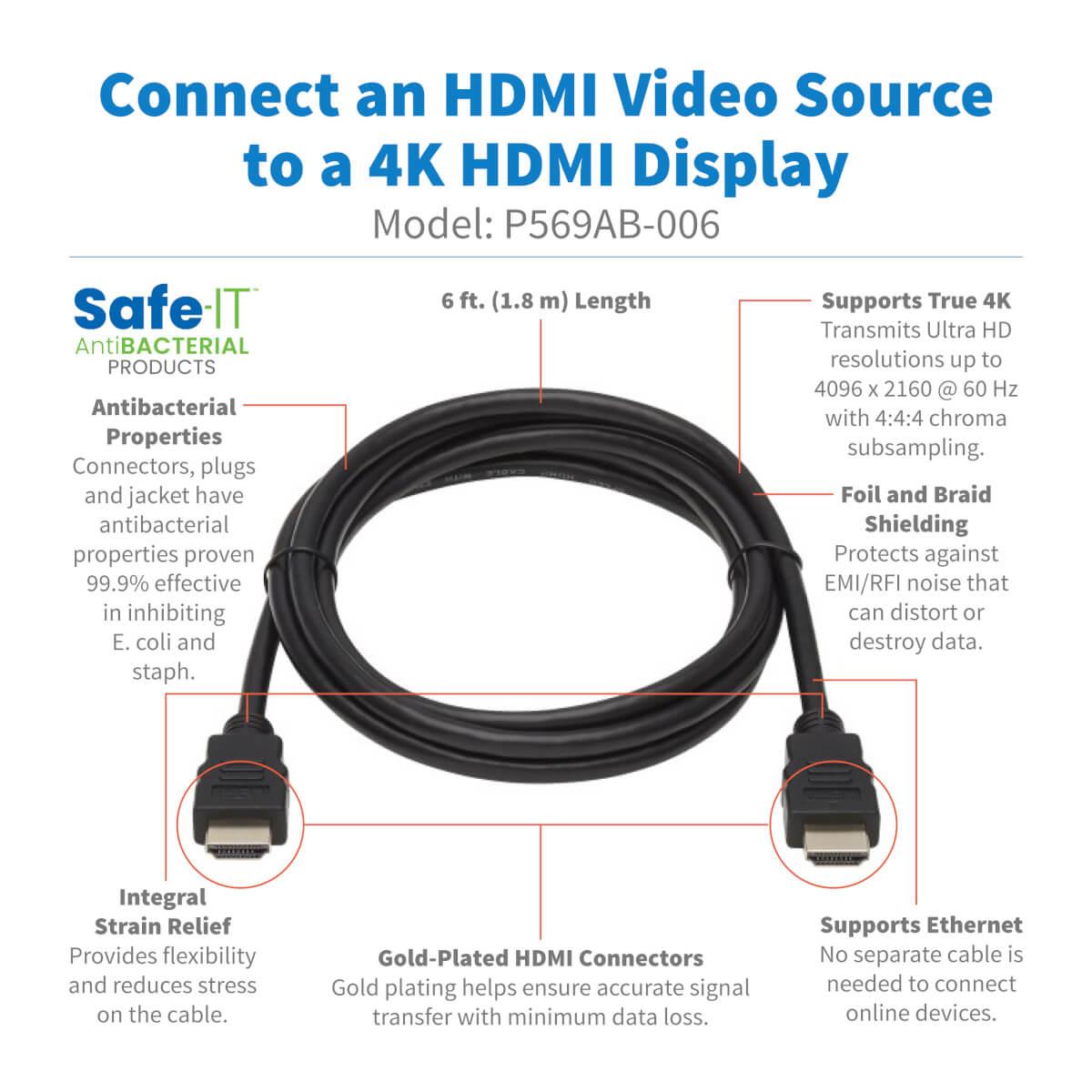 TRIPP LITE Safe-IT High-Speed HDMI Antibacterial Cable with Ethernet (M/M), UHD 4K 60 Hz, 4:4:4, Black, 1.83m