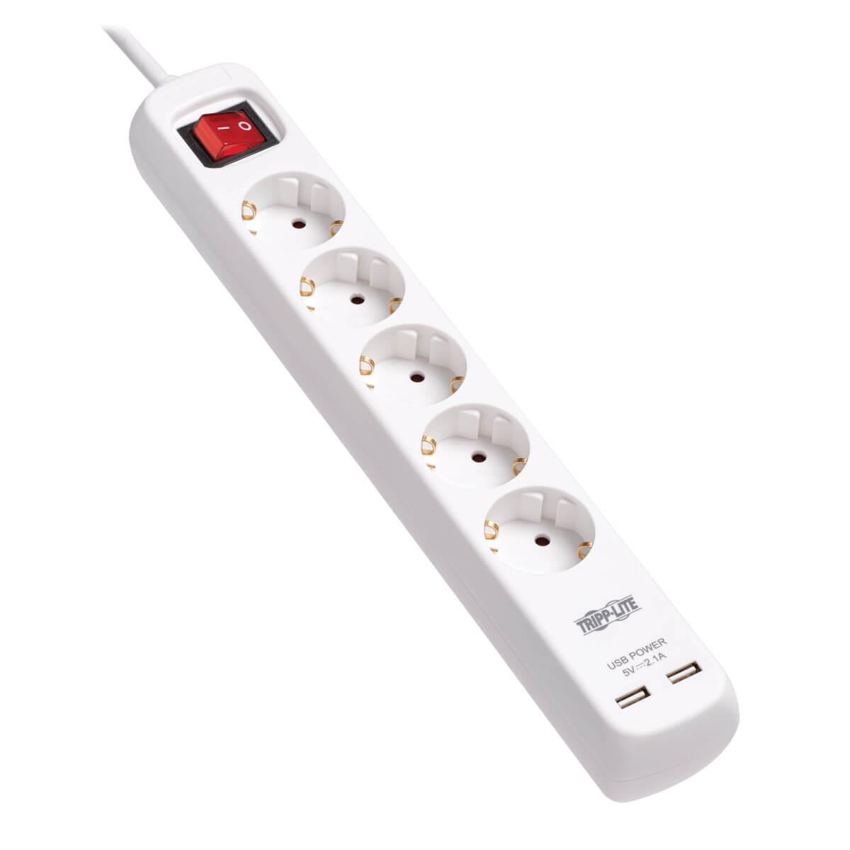 TRIPP LITE 5-Outlet Power Strip with USB-A Charging - Schuko Outlets, 220-250V, 16A, 3m Cord, Schuko Plug, White