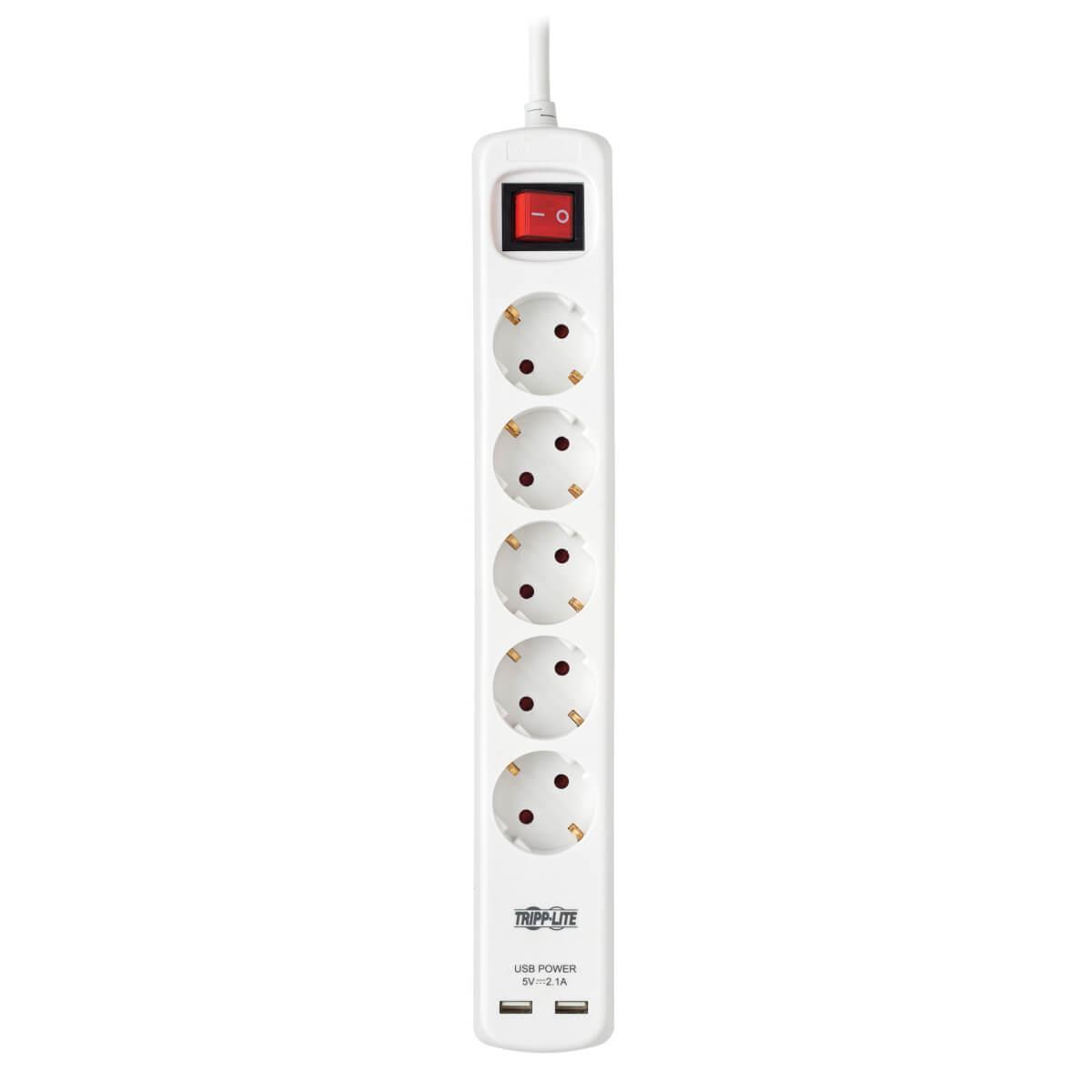 TRIPP LITE 5-Outlet Power Strip with USB-A Charging - Schuko Outlets, 220-250V, 16A, 3m Cord, Schuko Plug, White