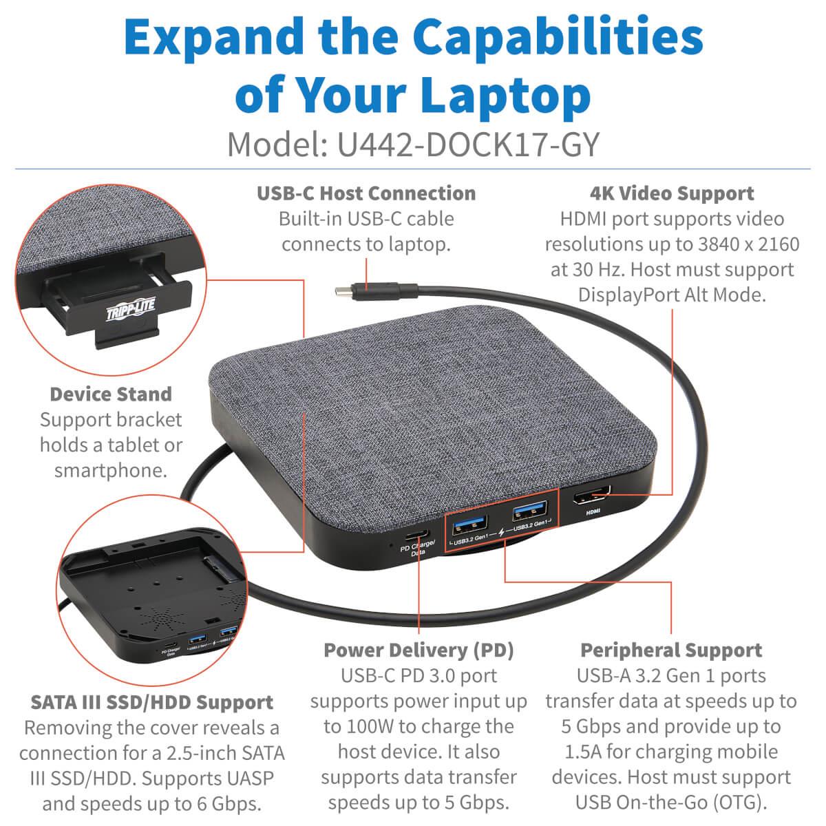 TRIPP LITE Docking Station USB-c - Hdmi / 2x USB-a / USB C / 7-pin SATA ( - 100w Power Delivery - Grey