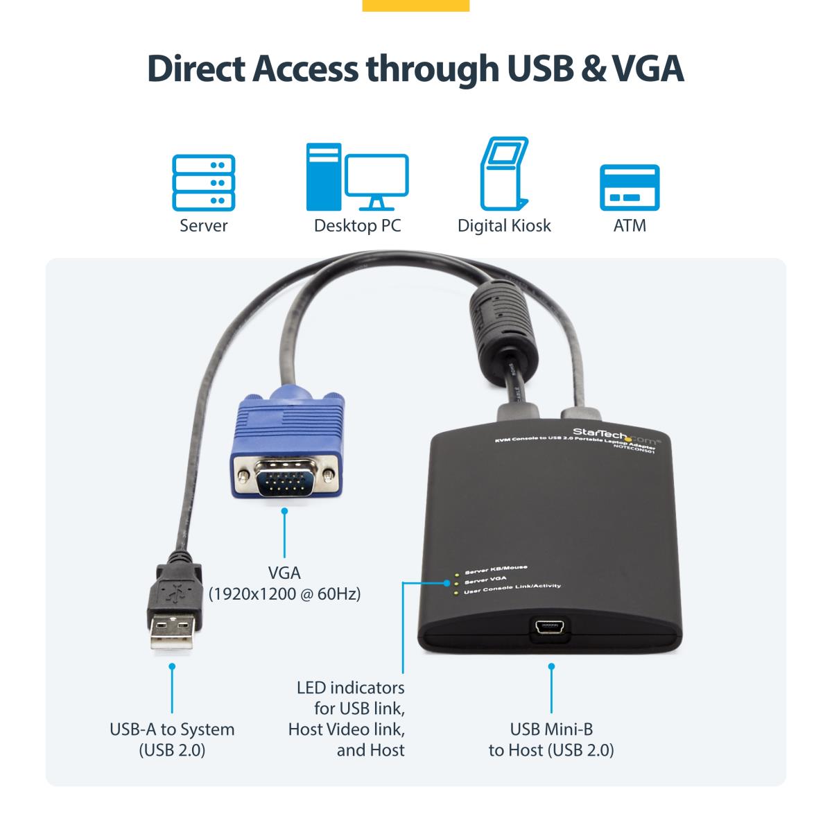 KVM Console To USB 2.0 Portable Laptop Crash Cart Adapter - Notecons01