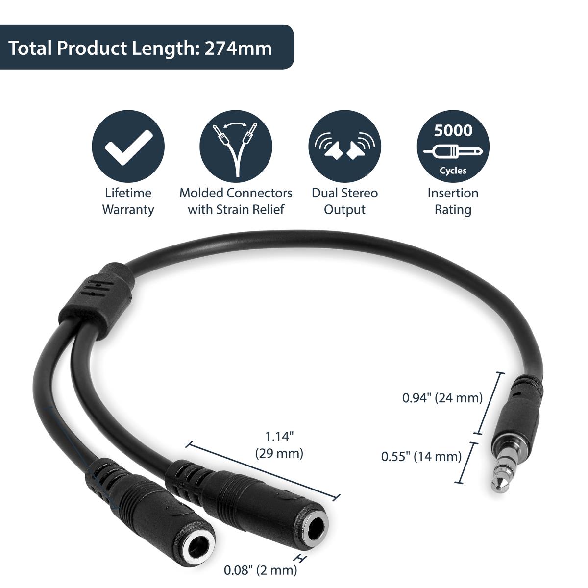 Slim Stereo Splitter Cable - 3.5mm Male To 2x 3.5mm Female