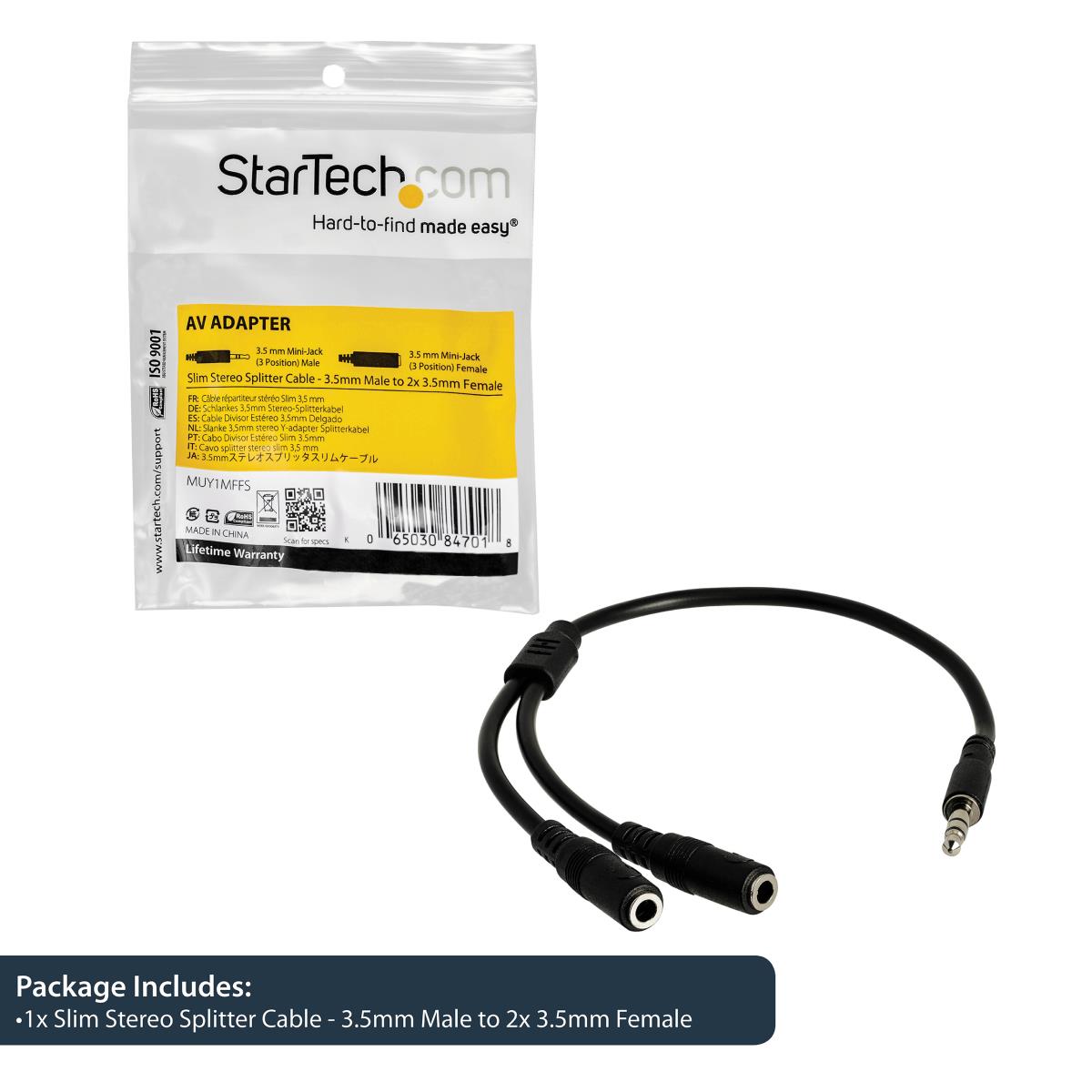 Slim Stereo Splitter Cable - 3.5mm Male To 2x 3.5mm Female