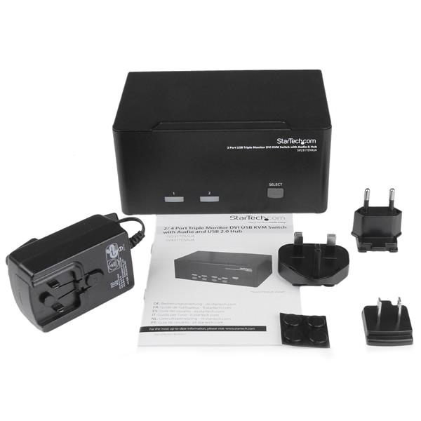 KVM Switch 2 Port Triple Monitor DVI USB With Audio & USB 2.0 Hub