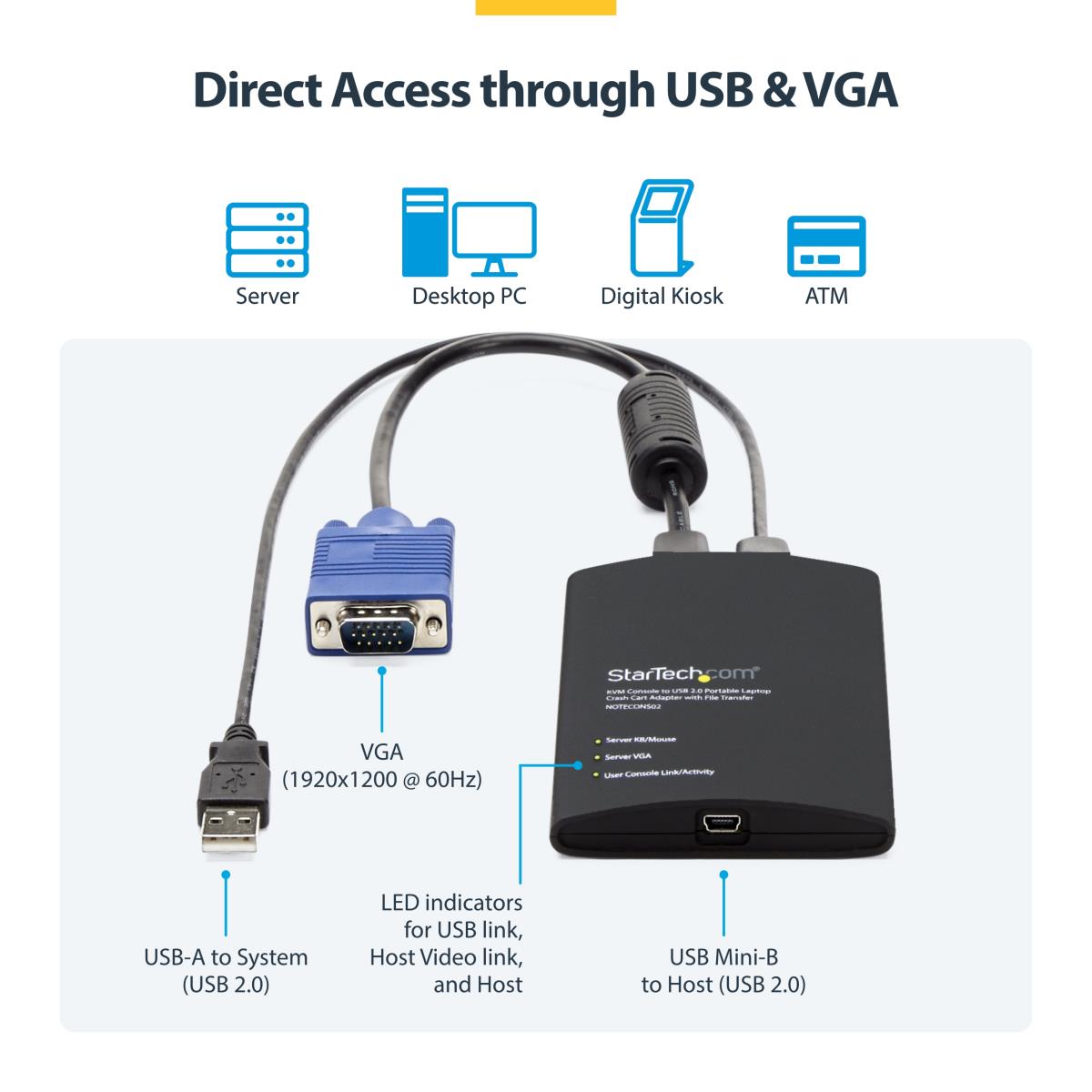KVM Console To Laptop USB 2.0 Portable Crash Cart Adapter With File Transfer